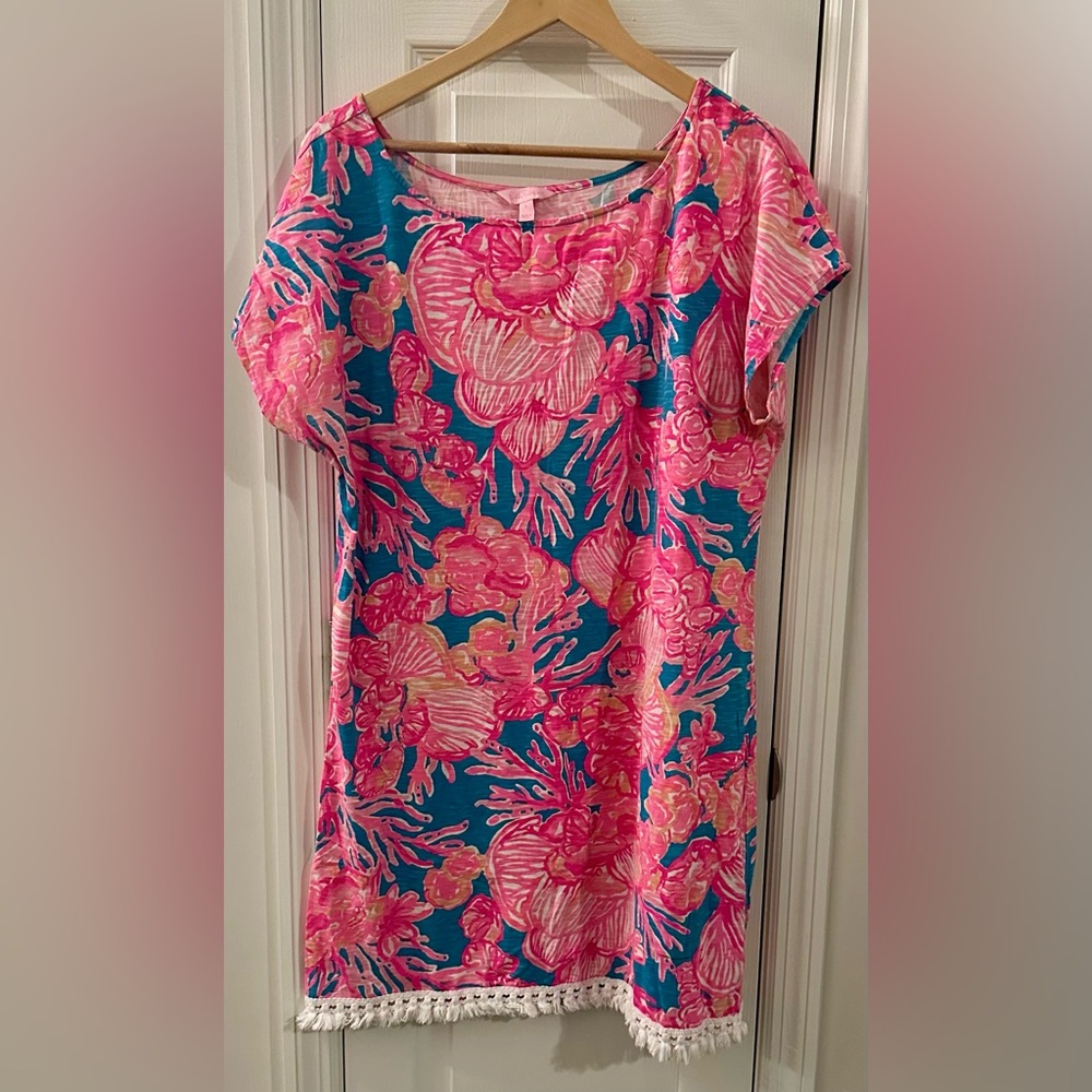 Lilly Pulitzer Pink Floral Swim Coverup with Blue Background